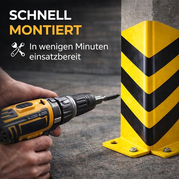 Schnelle Montage eines gestreiften Ecken-Anprallschutzes aus Metall an einem Betonpfosten mit einem Akkuschrauber.