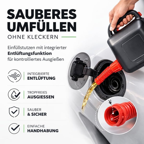 Ein Mann gießt mit einem Kanister Kraftstoff in ein Fahrzeug.