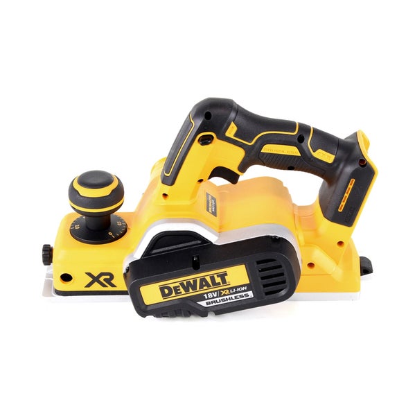 DeWalt Akku-Hobel 18 Volt bürstenlos mit ergonomischem Griff und Einstellknopf.