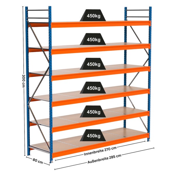 Lagerregal mit sechs Regalböden und einer Traglast von 450 Kilogramm pro Boden
