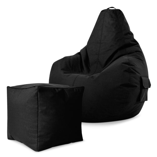 Green Bean 2er Set Sitzsack + Hocker - fertig befüllt - robust waschbar schmutzabweisend - Kinder & Erwachsene Bean Bag Bodenkissen Lounge Sitzhocker Relax-Sessel Gamer Gamingstuhl Pouf - Schwarz