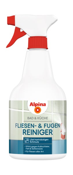 Alpina Fliesen- und Fugenreiniger für Bad und Küche in einer weißen Sprühflasche mit rotem Sprühkopf.