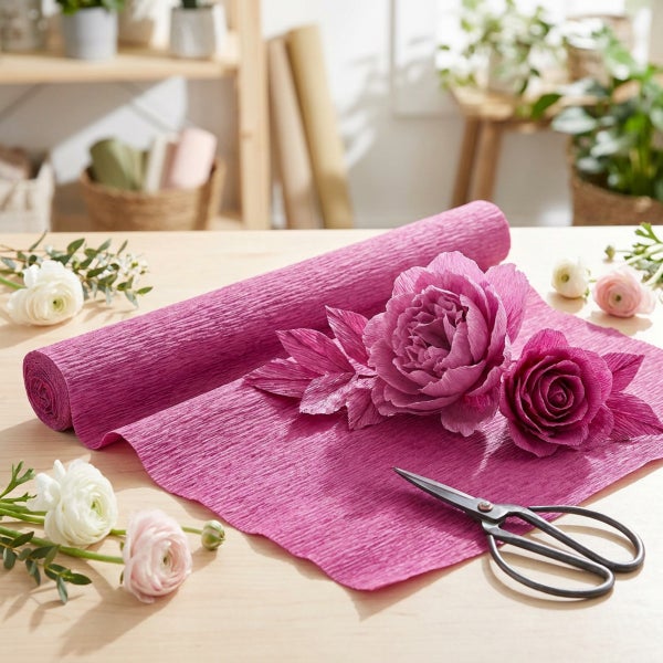 Rolle aus Krepppapier mit handgefertigten Papierblumen und einer Schere auf einem Holztisch.