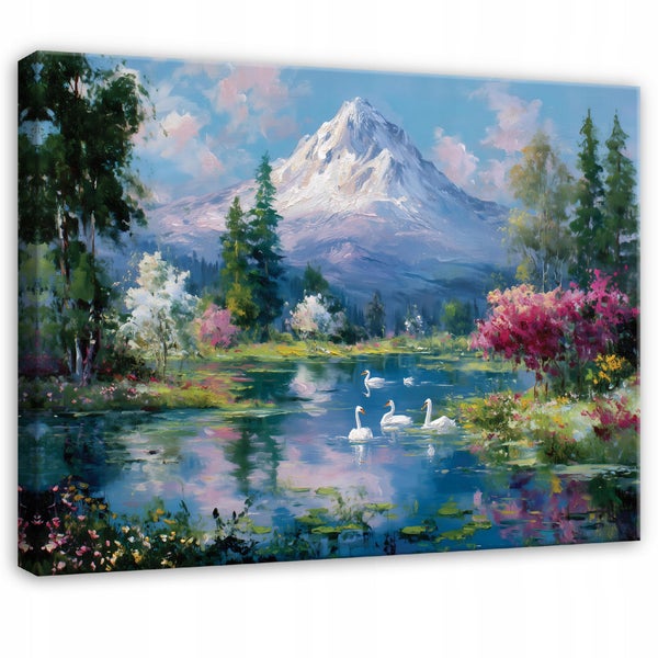 Gemälde mit See, Schwanen und Bergmotiv