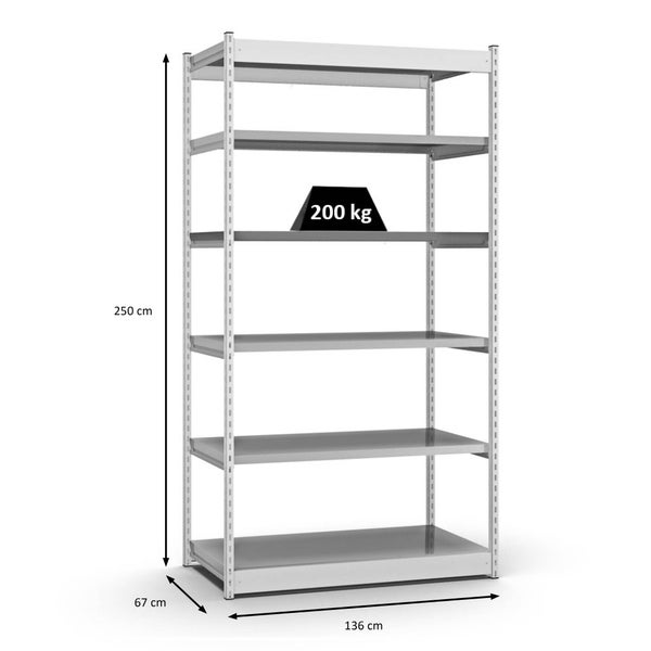 PROREGAL Fachbodenregal Stecksystem Vierkant-Profil Grundregal HxBxT 250 x 132,5 x 60 cm 6 Ebenen Einseitige Bauart Fachlast 200 kg Lichtgrau