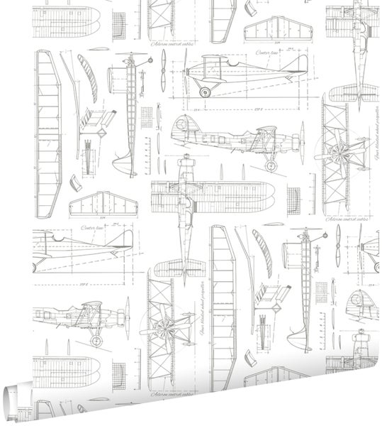 ESTAhome Tapete Kontruktionszeichnungen von Flugzeugen Weiß - 53 cm x 10,05 m - 128812
