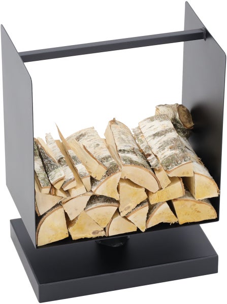 Brennholzregal aus Metall mit Holzscheiten