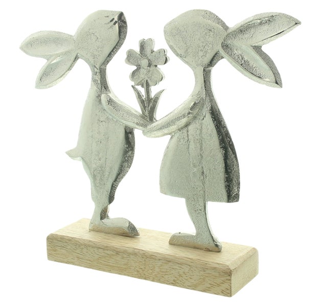 FRANK FLECHTWAREN|Figur Hasenpaar mit Blumen, 24 x 5 x 20 cm, ALUMINIUM, MANGOHOLZ