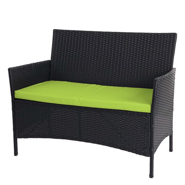 Zweisitzer Gartenbank aus Polyrattan in Schwarz mit hellgrünem Sitzkissen.