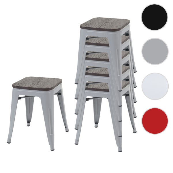 Stapelbare Hocker aus Metall mit Holzsitz, Viererpack