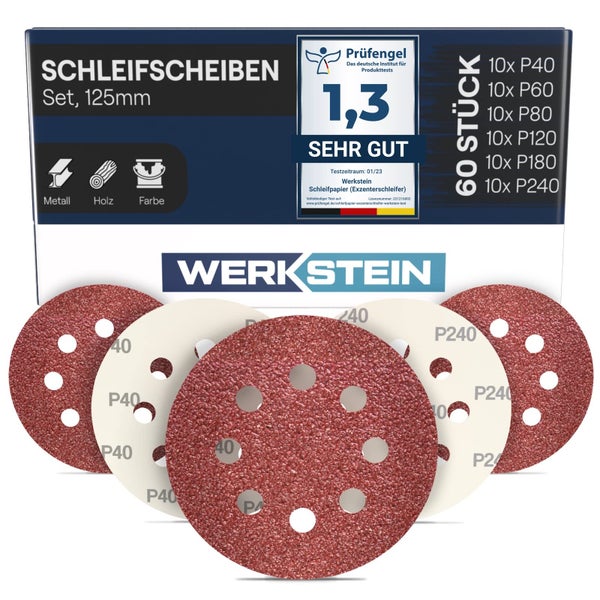 WERKSTEIN 60 Stück Schleifpapier 125mm Klett - Je 10x P40/60/80/120/180/240 Exzenterschleifer 125mm Schleifpapier, 8 Löcher - 125mm Schleifscheiben 125mm Klett für Metall, Holz uvm.