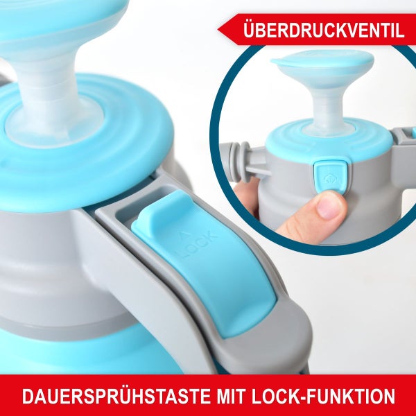 Drucksprüher mit stufenlos verstellbarer Düse zur Regulierung des Sprühstrahls.