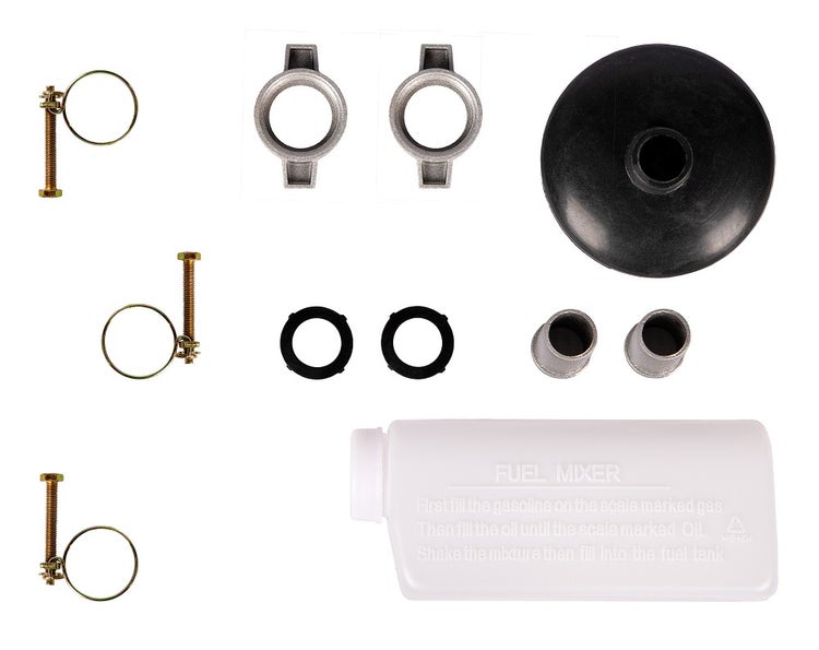 Zubehör-Set für motorbetriebene Gartengeräte mit Schlauchklemmen, Flügelmuttern, Dichtungen, Kraftstoff-Mischflasche und Kraftstoffpumpe.
