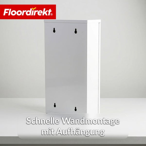 Metallschrank Rückansicht mit vier Befestigungslöchern für eine schnelle Wandmontage. Floordirekt Logo.