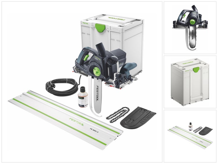 Festool Schwertsäge SSU 200 EB im Set mit Führungsschiene, Systainer, Sägekette und Zubehör.