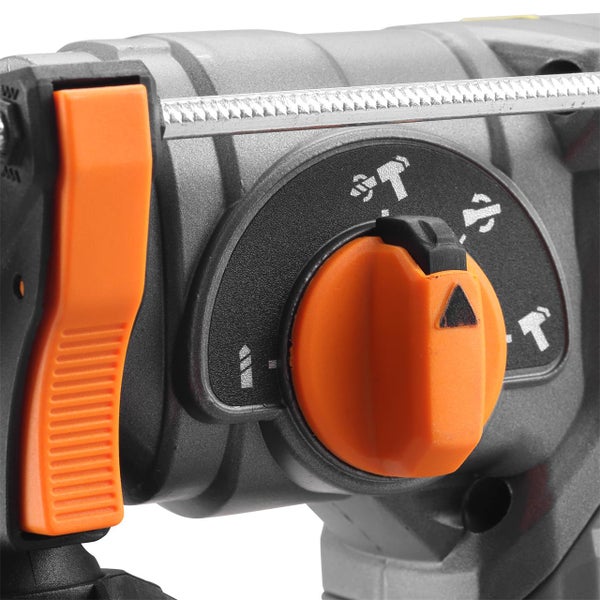 Detailansicht eines Bohrhammers mit Funktionswahlschalter und Tiefenanschlag.