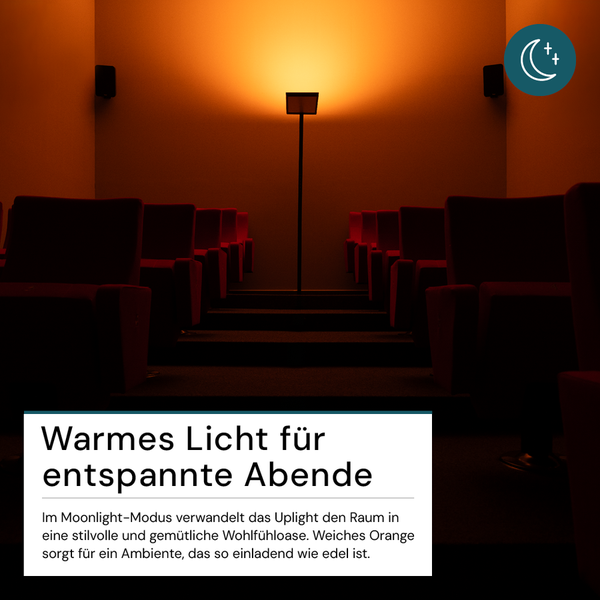 Stimmungsbild eines abgedunkelten Raumes mit Uplight und roter Bestuhlung