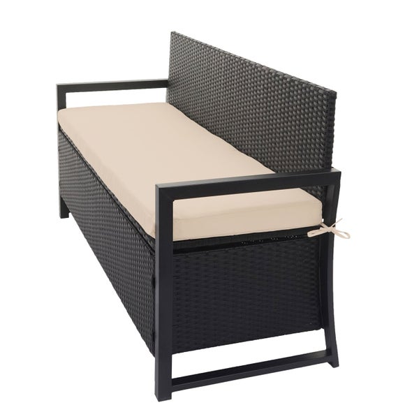 Gartenbank aus Polyrattan mit integrierter Auflagenbox und beigem Sitzkissen.