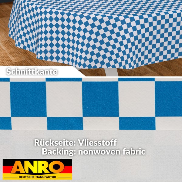 Karierte Tischdecke mit Rückseite aus Vliesstoff, Schnittkante und ANRO Logo.