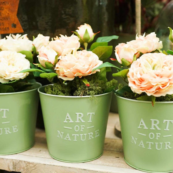 Dekorative Kunstblumen in Töpfen mit der Aufschrift "Art of Nature".