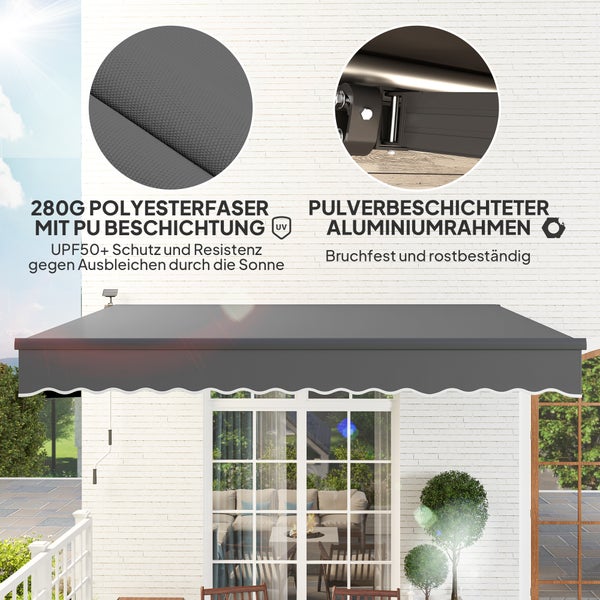 Outsunny Klemmmarkise mit Handkurbel Solar-Lichte Gelenkarmmarkise Markise Sonnenschutz UV 50+, Balkonmarkise inkl. Wandhalterung Sonnenmarkise 400 cm breit für Terrasse Balkon Veranda, Grau