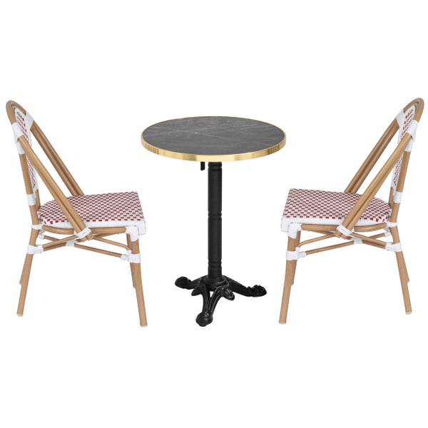 Bistro-Set mit rundem Tisch in dunkler Marmoroptik und zwei geflochtenen Stühlen mit weiß-rotem Muster.