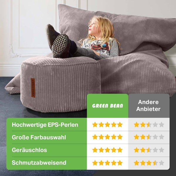 Green Bean Sitzsack + Pouf im Set - XXL Riesensitzsack mit passenden Fußhocker | EPS Füllung Bean Bag Bodenkissen Liegekissen Sitzkissen Indoor Drinnen Waschbar Grau