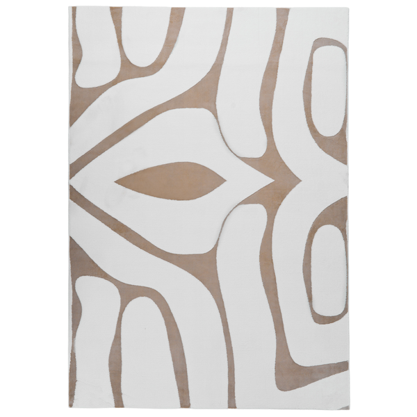 Rechteckiger Teppich mit abstraktem, geschwungenem Muster in Weiß und Beige.