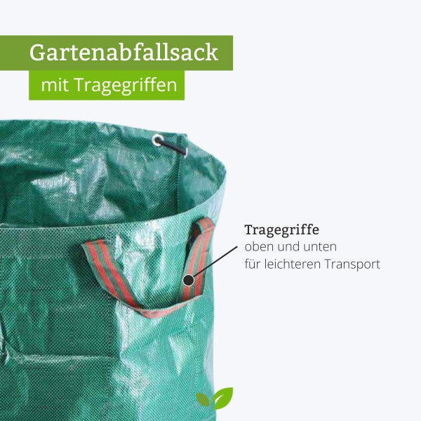 Gartenabfallsack mit Tragegriffen oben und unten für den einfachen Transport von Gartenabfällen.