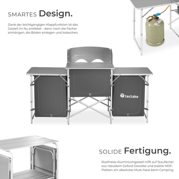 Campingküche mit Aluminiumgestell, Arbeitsfläche und Staufächern von tectake