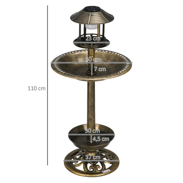 Outsunny Vogeltränke Stehend, Vogelbad aus Kunststoff mit Solarleuchte, Vogelfutterspender, Vogelbecken mit Blumensockel, Wildvogeltränke für Garten, Balkon, 110 cm Höhe, Bronze
