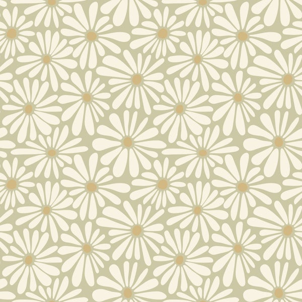 Florales Muster mit weißen Gänseblümchen auf grünem Hintergrund.