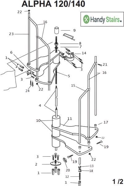 HandyStairs platzsparende Wendeltreppe „Alpha“ – 299 cm hoch – Treppenhaus 145 x 75 cm – 12 Stufen aus Kiefernholz