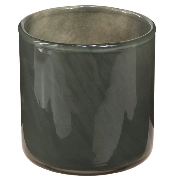 Zylindrischer Übertopf aus glänzendem Glas in Dunkelgrau mit marmorierter Optik.