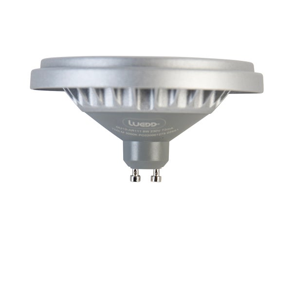 LED-Leuchtmittel AR111 mit GU10-Sockel, 8 Watt, 750 Lumen, warmweißes Licht 3000 Kelvin, silbernes Gehäuse.