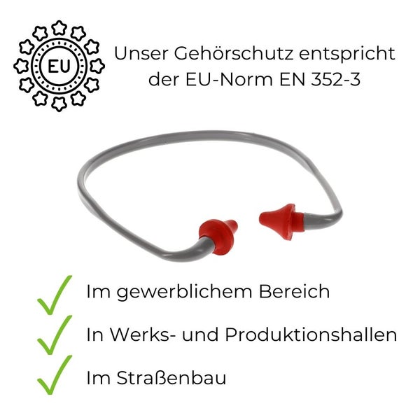 Ohrstöpsel mit Bügel für den gewerblichen Bereich, Werks- und Produktionshallen sowie den Straßenbau gemäß EU-Norm EN 352-3