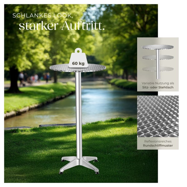 Silberfarbener Bistrotisch aus Metall mit runder Tischplatte im Freien