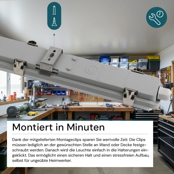 Feuchtraumleuchte mit Montageclips zur schnellen Decken oder Wandmontage in einer Werkstatt
