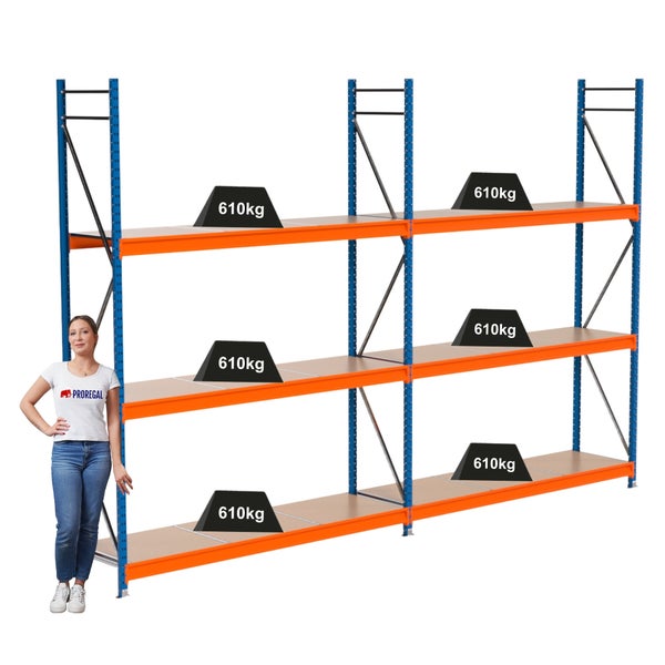 Lagerregal mit drei Ebenen und einer Traglast von 610 Kilogramm pro Ebene
