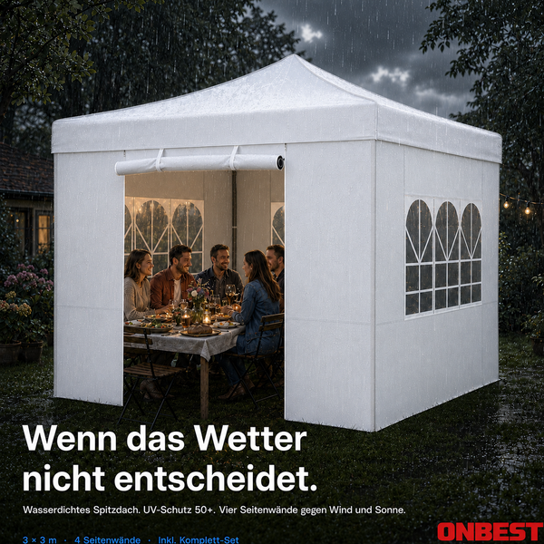 Wasserdichter Faltpavillon 3 mal 3 Meter mit Spitzdach, UV-Schutz 50 plus und vier Seitenwänden im Garten bei Regen. Personen am Tisch. ONBEST Logo.