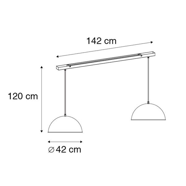 Abbildung einer Pendelleuchte mit den Maßen 142 cm Breite, 120 cm Höhe und 42 cm Durchmesser