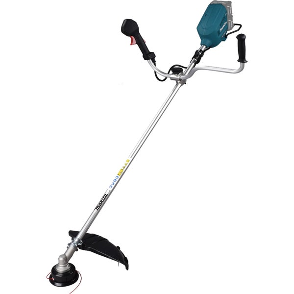 Blaue Makita Akku-Sense mit Rundumgriff, Motorgehäuse und schwarzer Schutzhaube.