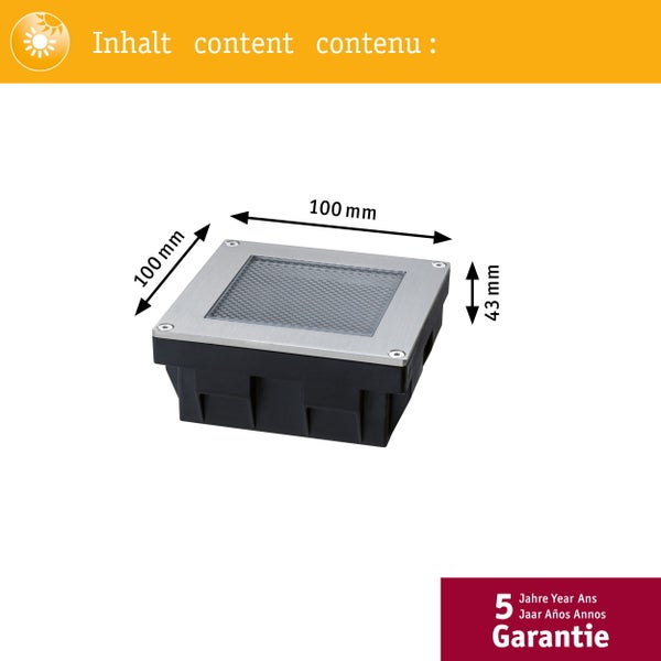 Quadratische Bodeneinbauleuchte aus Edelstahl, Länge 100 Millimeter, Breite 100 Millimeter, Tiefe 43 Millimeter, fünf Jahre Garantie.