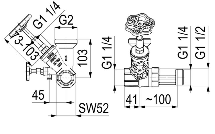 Maßzeichnung eines Ventils mit Gewindegrößen wie 1 1/4 Zoll, Nennweite 32, Schlüsselweite 52 und Längenmaßen in Millimetern wie circa 100.