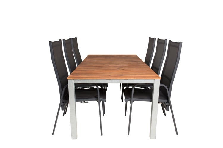 Zenia Gartenset Tisch 100x200cm und 6 Stühle Copacabana schwarz, natur, silber. 100 X 200 X 74 cm