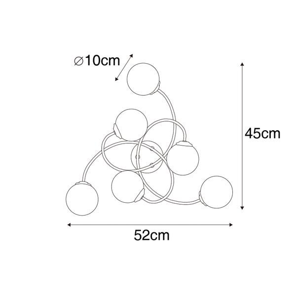 Technische Zeichnung einer Deckenleuchte mit sieben Kugellampen und den Maßen 52 mal 45 Zentimeter.