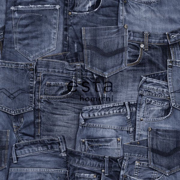 Jeansstoff-Fototapete mit verschiedenen Taschenmotiven
