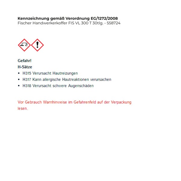 Fischer Montagemörtel FIS VL Set in roter Kunststoffbox mit Fischer Logo, Kartuschen und Statikmischern.