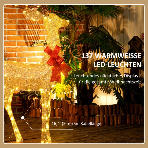 Leuchtende LED-Rentier-Weihnachtsdekoration mit 137 warmweißen LEDs und roter Schleife vor einer Backsteinwand und einer Palme.