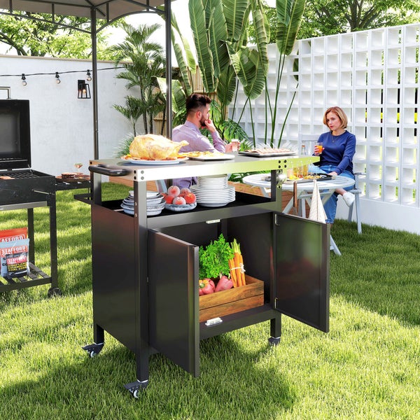 Outsunny Grillwagen 3-Etagen klappbar Servierwagen mit Arbeitsfläche Schrank Haken Räder, BBQ Grilltisch aus Edelstahl, Outdoor Rollwagen, Holzkohlegrill für Garten, Grill, 116x50x93cm Schwarz